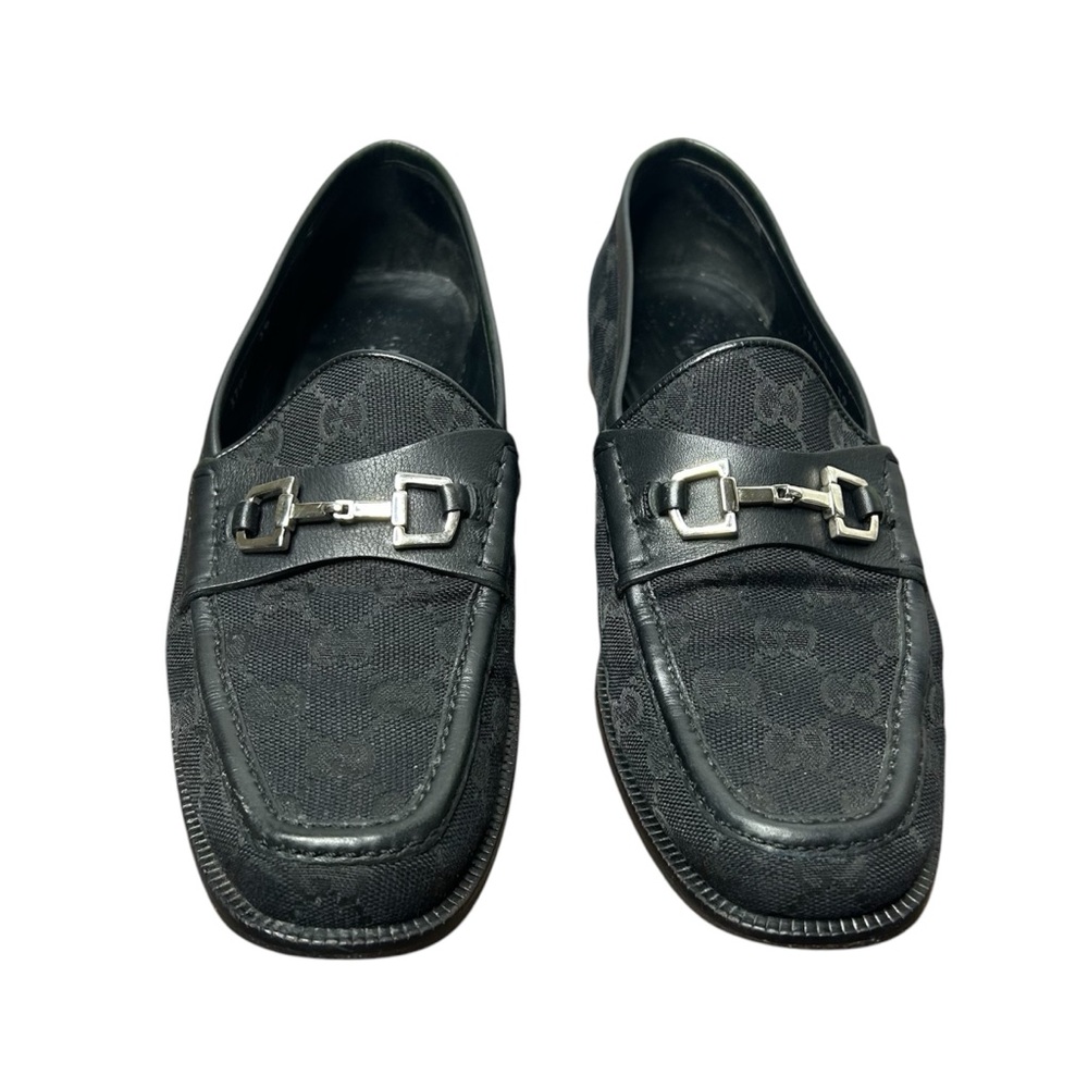GUCCI Horsebit Loafers Black Leather GG Logo Monogram Canvas Silver Size 39 EU - Picture 2 of 8